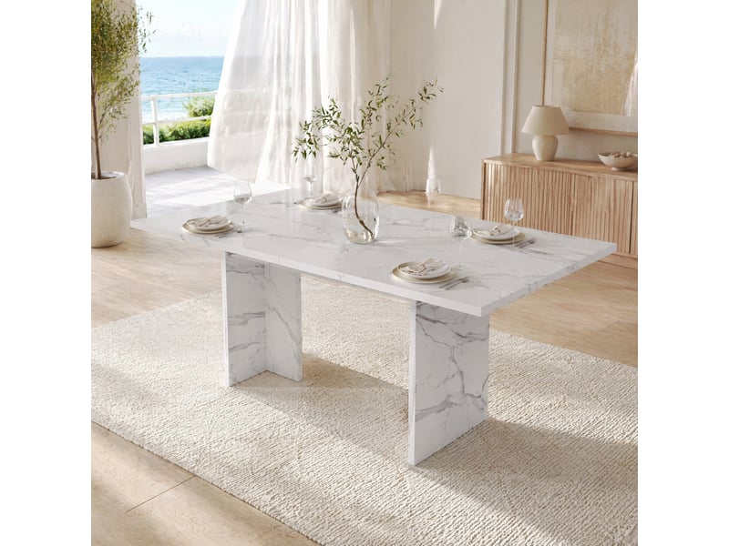 Table extensible 6 à 8 personnes avec rallonge escamotable et plateau épais, en mdf blanc marbre, 140–180 × 80 cm - Conforama D