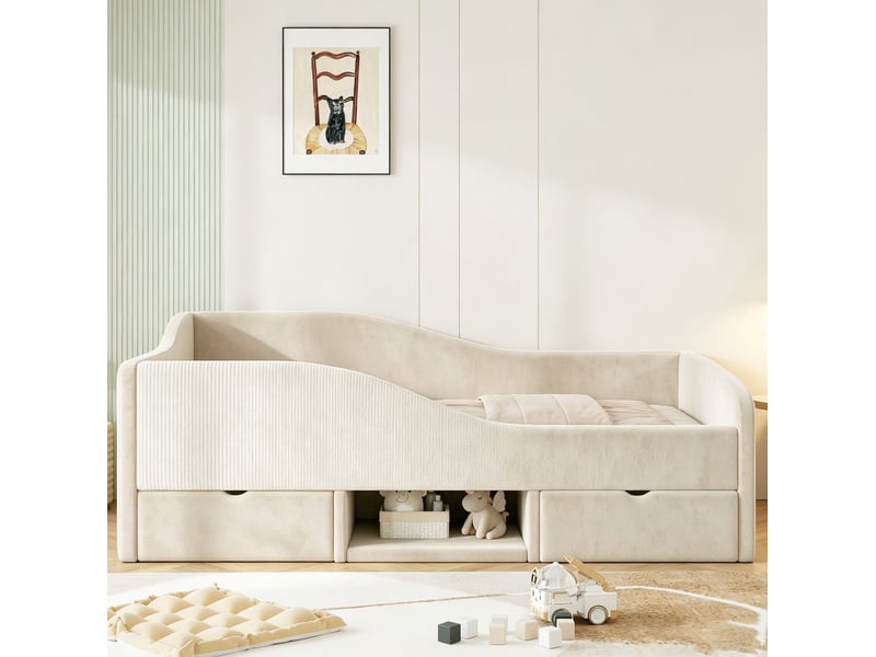  Lit enfant 90 x 190 cm en velours beige, 2 tiroirs et barrières latérales  - Conforama E