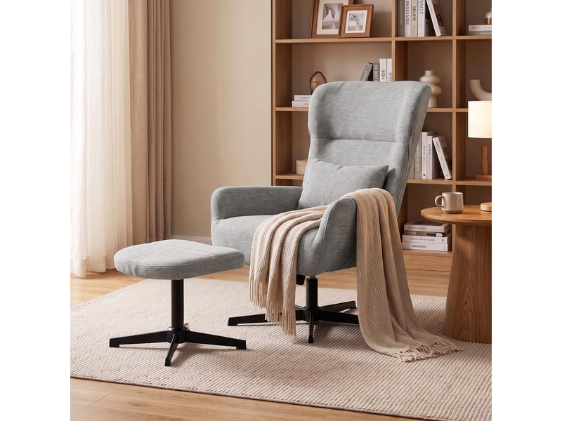 Fauteuil lounge pivotant à 360° avec repose-pieds, réglable en hauteur, revêtement en chenille, avec coussin lombaire, blanc crème - Conforama D