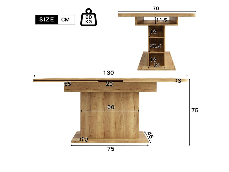  Table à manger extensible, 110130 x 70 x 75 cm, avec espace de rangement, table rectangulaire, naturel  - Conforama C