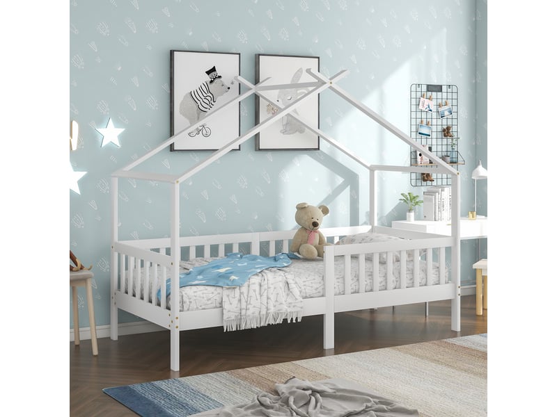  Lit cabane enfant 90 x 200 cm en bois massif avec barrière et sommier a lattes, lit 1 personne avec protection anti-chute, blanc  - Conforama D