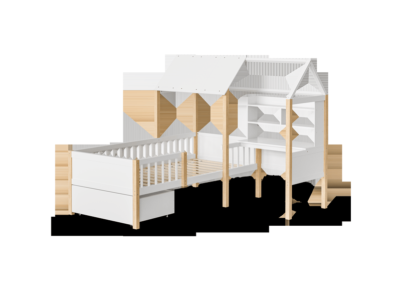 Lit cabane enfant 90x200 cm blanc en bois avec bureau, étagères, 2 tiroirs sur roulettes et sommier à lattes - Conforama A