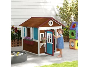 Cabane enfant extérieur maison enfant extérieure avec porte fenêtres et jardinières 114 x 126,4 x 135 cm marron