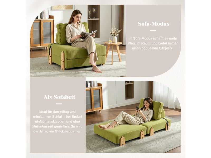 Canapé convertible 1 places en velours côtelé vert, dossier ergonomique, structure en bois, 90×170×69 cm - Conforama E