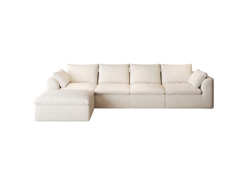Canapé d’angle modulable 5 places 310x155 cm, canapé nuage en tissu lin blanc beige, mousse haute élasticité compressée, assise profonde, sans montage - Conforama E
