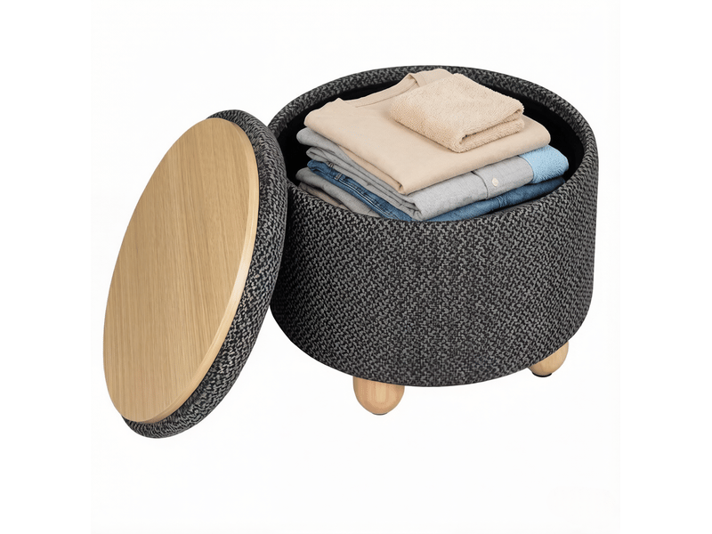  Pouf de rangement rond 39 x 39 x 33 cm gris foncé, en lin et mdf, avec couvercle réversible en bois  - Conforama A