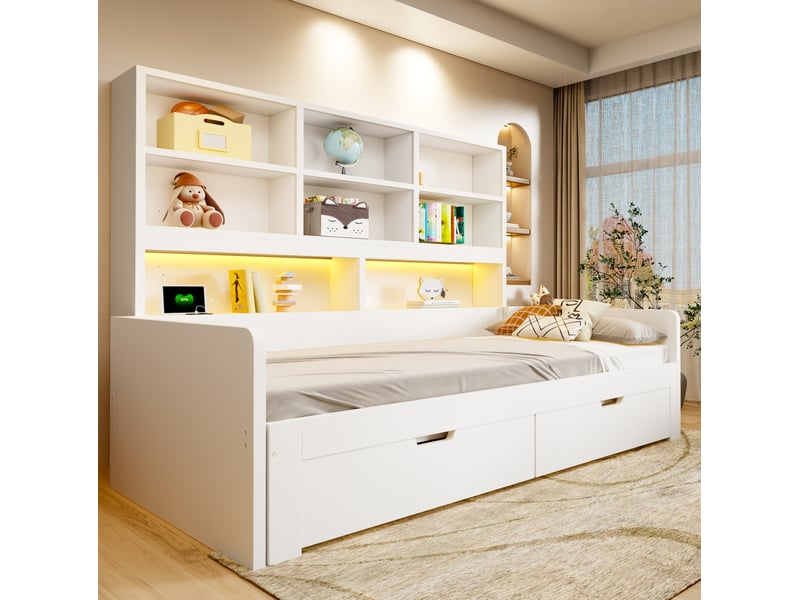  Lit jeune, lit gigogne 90180x200 cm avec rangement, led et prises, mdf couleur blanc  - Conforama D