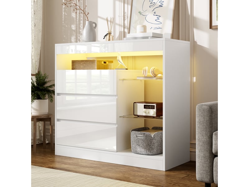 Commode 90 cm blanc brillant, 3 tiroirs, étagères en verre et led Fay Lum - Conforama D