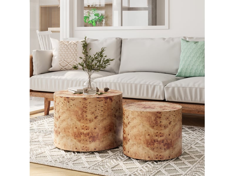  Lot de 2 tables basses gigognes rondes – mdf plaqué loupe de bois naturel – ø 48 et 38 cm  - Conforama C