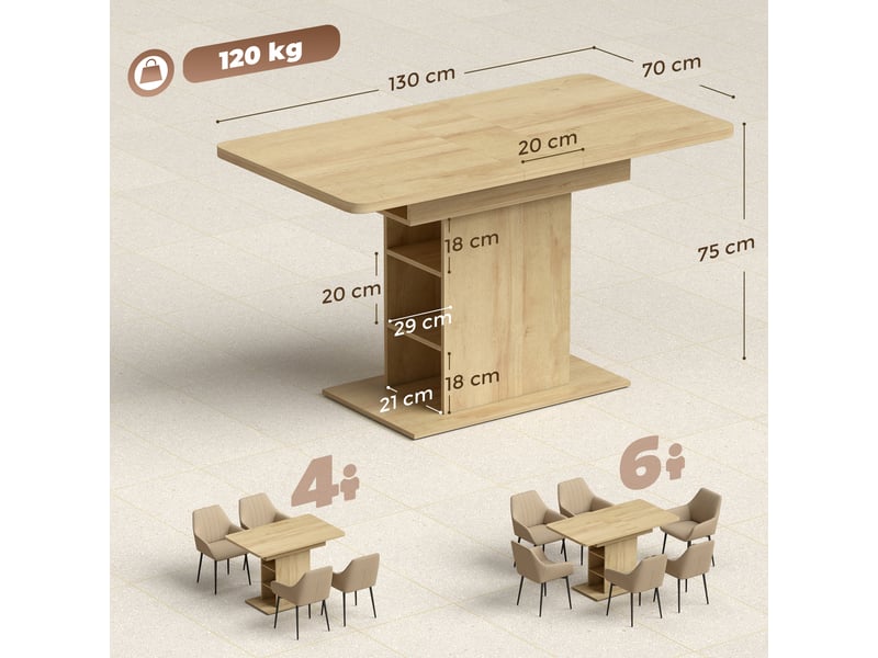  Table à manger extensible rectangle pour 4 à 6 personnes, table de cuisine 110-130 cm, 6 étagères ouvertes, bois naturel  - Conforama E