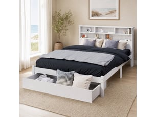 Lit double 140x200 avec tiroirs et étagère en tête de lit blanc cravdom