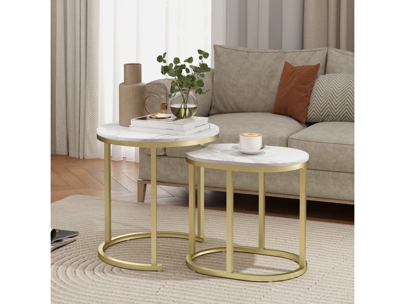  Lot de 2 tables basses gigognes – plateau mdf blanc et cadre en acier – ronde et ovale  - Conforama B