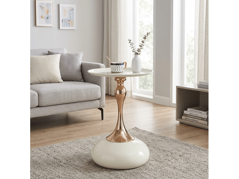 Table basse fixe ronde avec plateau et piètement en métal, format compact, pour salon ou chambre, blanc et doré - Conforama D