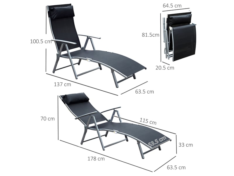  Bain de soleil pliable 137x63,5x100,5 cm – noir – métal, textilène, dossier réglable 5 positions avec coussin  - Conforama C