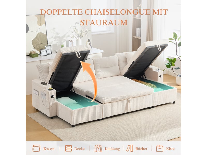  Canapé panoramique convertible 4 places 272 x 136 x 86 cm avec ports usb et porte-gobelets, velours côtelé, beige Morn Vibe - Conforama D