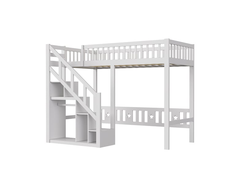  Lit mezzanine enfant 90x200 cm avec escalier et rangements, lit simple avec barrières de sécurité, structure en bois blanc, sans matelas  - Conforama R
