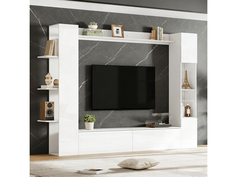  Meuble tv mural 245x30x170 cm - ensemble 4 pièces avec vitrine à porte réversible et nombreux rangements pour salon - blanc  - Conforama D