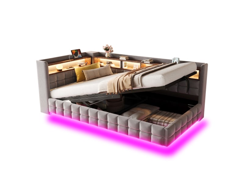 Canapé-lit 90x200 cm - rangement hydraulique, led, usb-c, étagère en bois, soutien de sommier, velours gris clair  - Conforama A