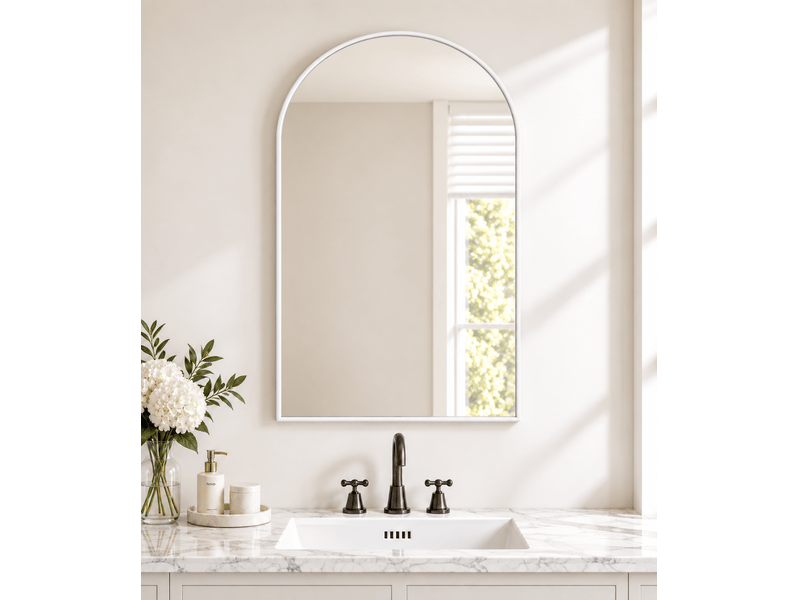  Miroir arqué mural 91x61 cm, miroir de adapté à salle de bain chambre et salon, cadre aluminium renforcé incassable, verre trempé, blanc  - Conforama C