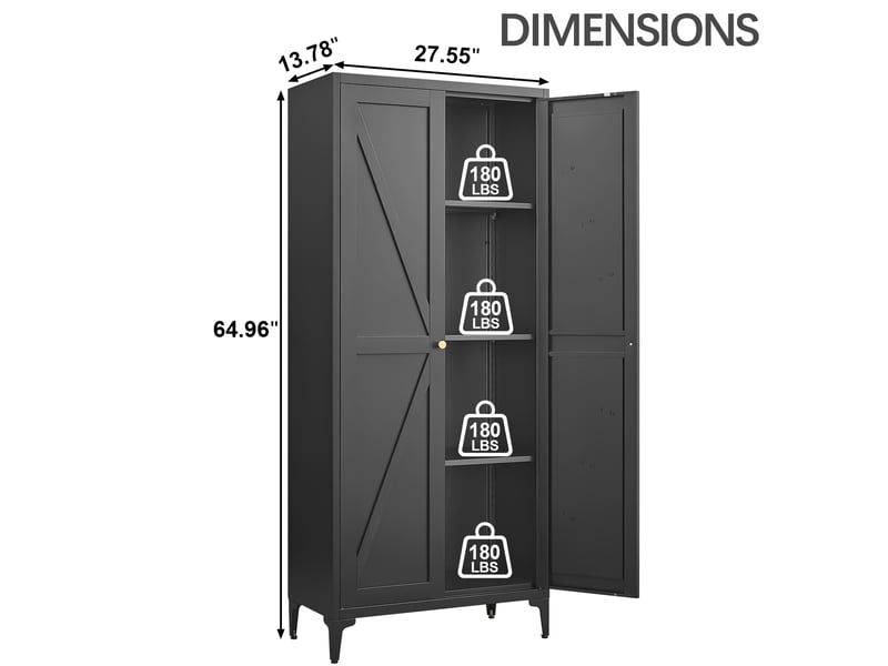  Armoire de rangement haute en métal à 2 portes et 4 étagères réglables pour cuisine, salon et bureau, noir  - Conforama D