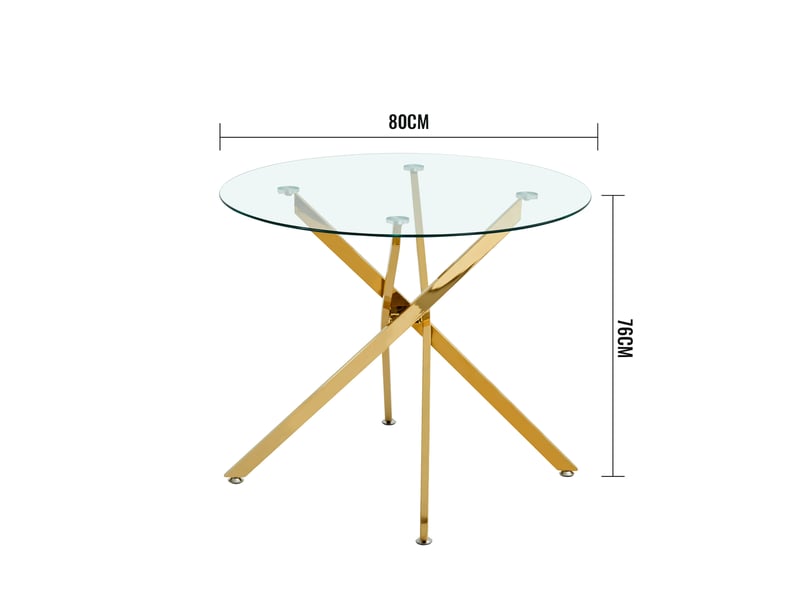  Table à manger ronde – plateau en verre trempé et pieds métalliques dorés – ø 80 x h 76 cm  - Conforama D