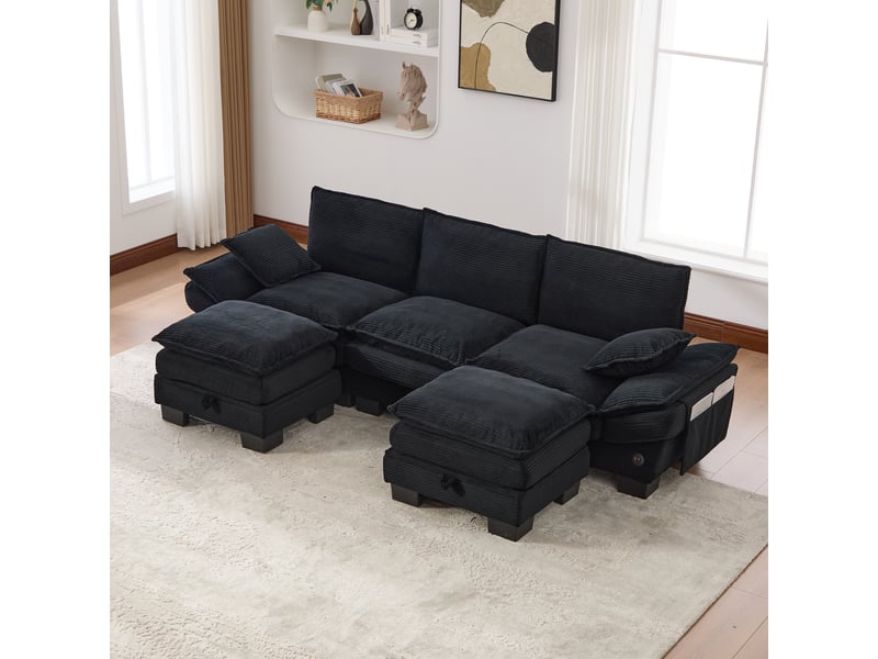 Canapé modulaire 3 places en velours côtelé - avec 2 poufs - noir - port usb-c intégré 260x132x84cm - Conforama C