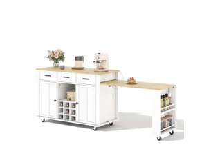 Îlot de cuisine mobile 223x50x93 cm blanc et naturel avec plan extensible