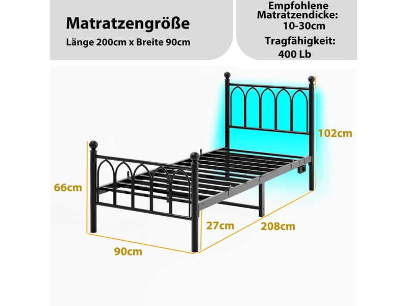  Cadre de lit métal vintage 90x200 cm, équipé de tête et pied de lit, led, noir, sans matelas  - Conforama C