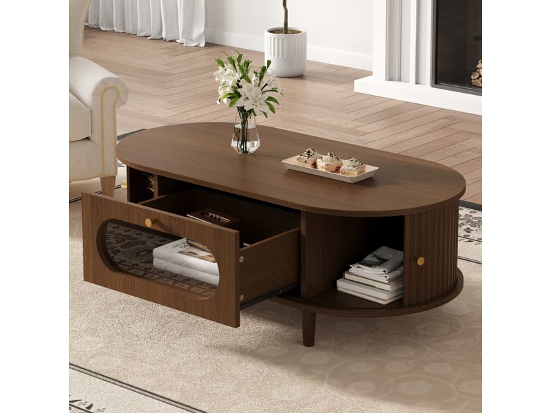  Table basse ovale de salon noyer, tiroir verre, portes tambour, rangement caché, mdf moderne 100x50x36cm PD-1 - Conforama D