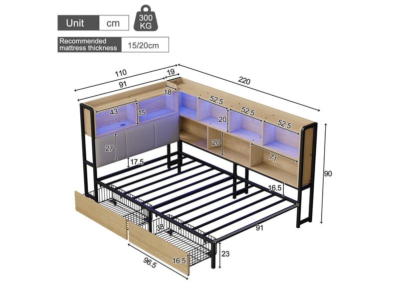  Lit simple 90x200 cm avec led et 2 tiroirs, lit enfant avec usb et usb-c et tête de lit rangement, naturel  - Conforama E