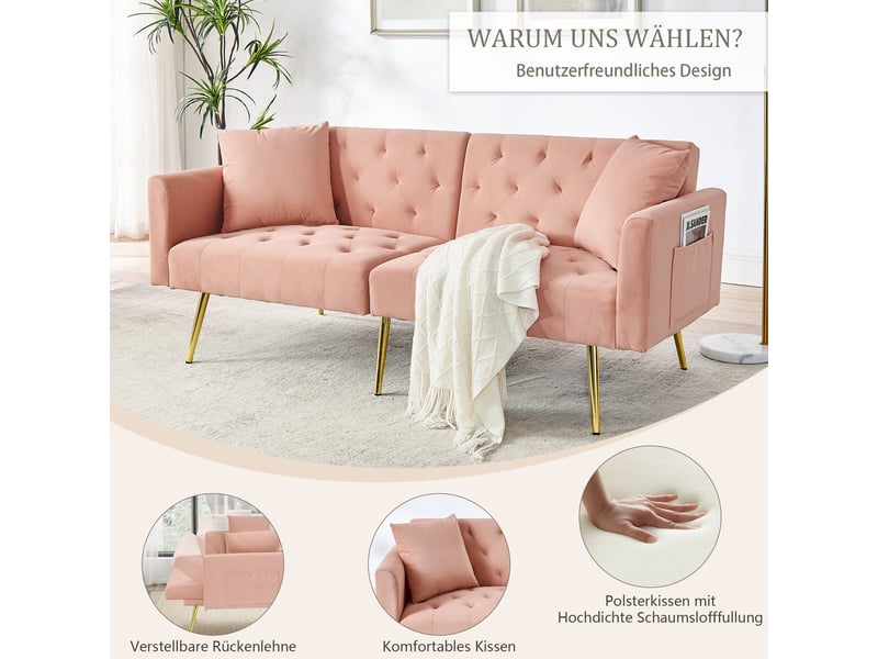 Canapé 2 places, canapé de salon, en velours, rose, dossier réglable 3 positions, 2 coussins inclus, design moderne, pieds en métal - Conforama W