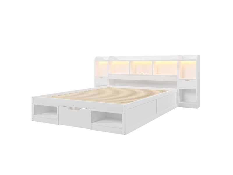  Lit avec rangement 140x200 cm, 3 tiroirs et rangements, led et port usb, en bois, blanc  - Conforama D