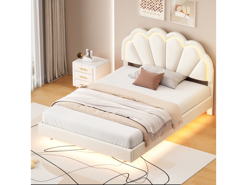  Lit double 140 x 200 cm avec led,lit princesse,lit enfant 140 x 200 cm, lit rembourré ,sommier à lattes,beige,velours  - Conforama B