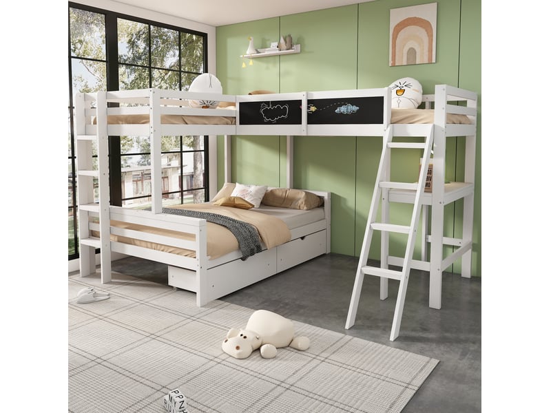  Lit combiné enfant 140x200 cm et 90x200 cm avec bureau et rangements bois blanc et chêne sans matelas  - Conforama E
