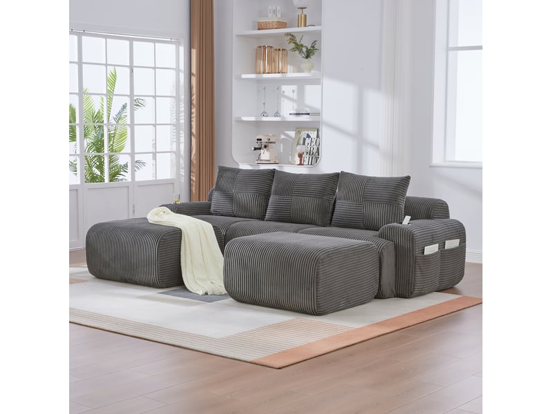  Canapé modulaire 3 places 268x174x80 cm, velours côtelé gris foncé, agréable, poche latérale, porte-gobelet  - Conforama D