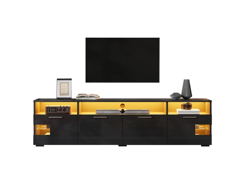  Meuble tv 180 cm noir, led bluetooth, 4 portes, niches ouvertes et tablettes en verre Fay Lum - Conforama A