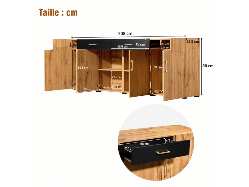  Buffet 4 portes et 2 tiroirs, meuble de rangement 208 cm, effet chêne et noir  - Conforama E