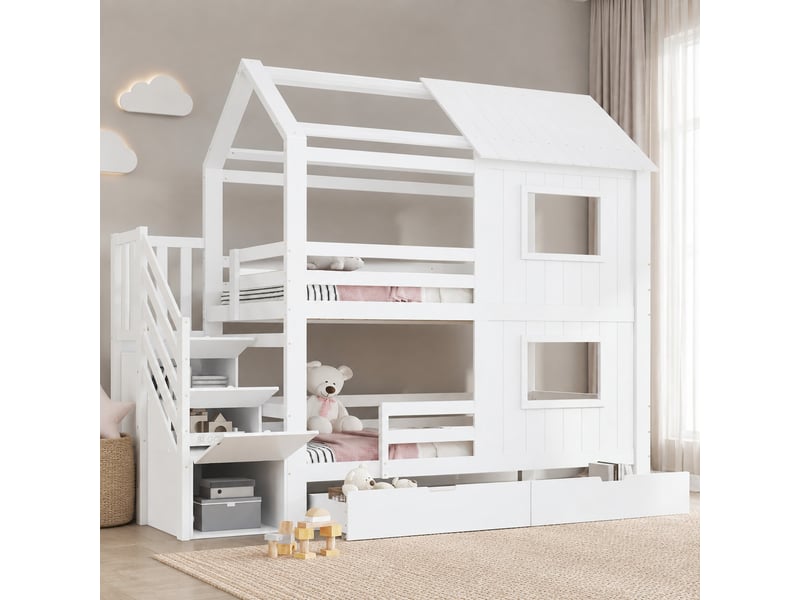  Lit superposé enfant blanc 90 x 200 cm avec escalier de rangement et tiroir à roulettes  - Conforama B