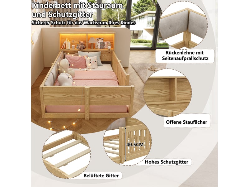 Lit enfant 90 × 200 cm 1 place avec barrières, led réglable et rangements, sans matelas, en panneaux, naturel  - Conforama E