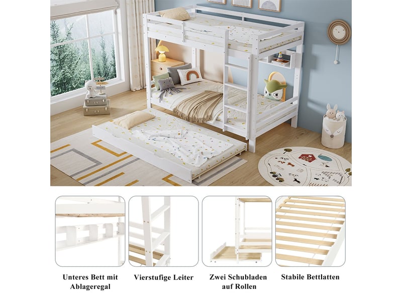  Lit superposé enfant 90 x 200 cm lit extensible à roulettes étagères de 2 mètres échelle bois de pin mdf contreplaqué blanc  - Conforama D