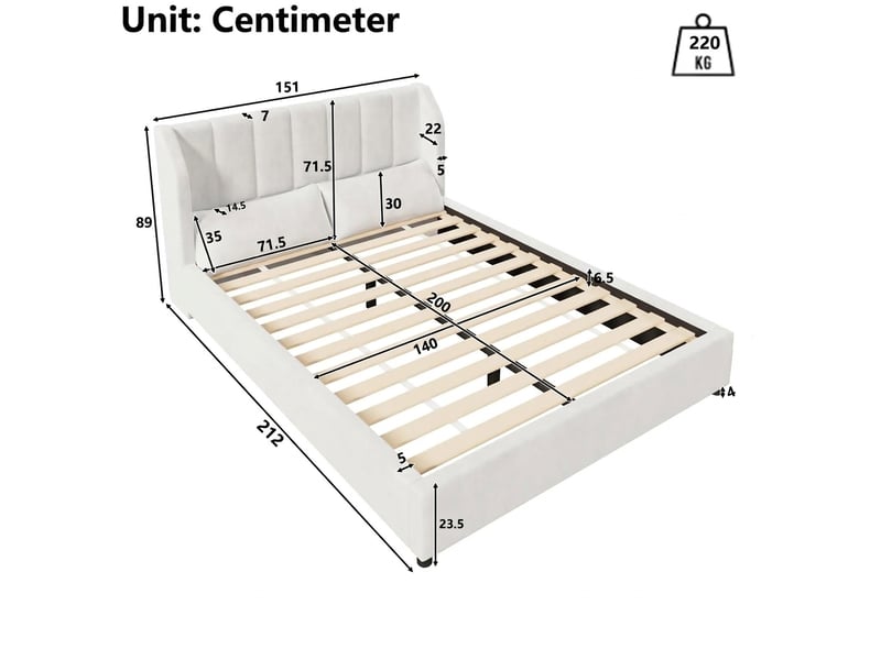 Lit capitonné 140x200 cadre de lit en velours beige avec sommier - Conforama E