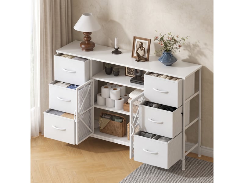  Meuble tv commode 120x30x75 cm six tiroirs tissu portes metal blanc moderne  - Conforama B
