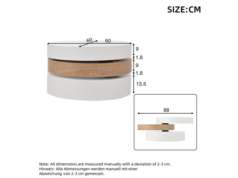  Table basse ronde 60 x 60 x 35,1 cm en mdf pivotante avec rangement blanc et naturel chicfurn  - Conforama D