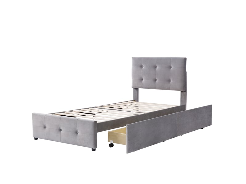  Lit enfant 90x200cm velours, 2 tiroirs, tête réglable, sommier lattes, cadre acier, pratique, sans matelas, gris  - Conforama R