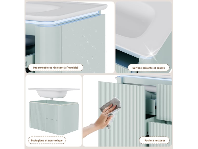  Meuble vasque mural 80,5x47,5x51 cm, led à détection, meuble de salle de bain avec tiroirs, style moderne, mdf vert  - Conforama E