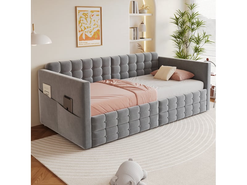  Lit simple 90x190 cm avec 2 tiroirs et poches latérales en velours gris  - Conforama C