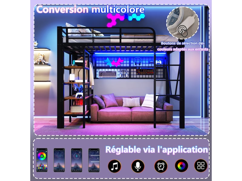  Lit mezzanine enfant 90x200cm, avec éclairage led, niche, filet de rangement, tringle à vêtements, espace ouvert, structure en métal, noir evarich - Conforama D