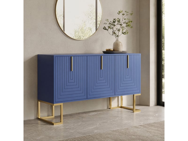 Buffet bas 3 portes bleu marine avec étagères réglables, poignées et piètement en métal, 138 x 40 x 80,5 cm - Conforama C