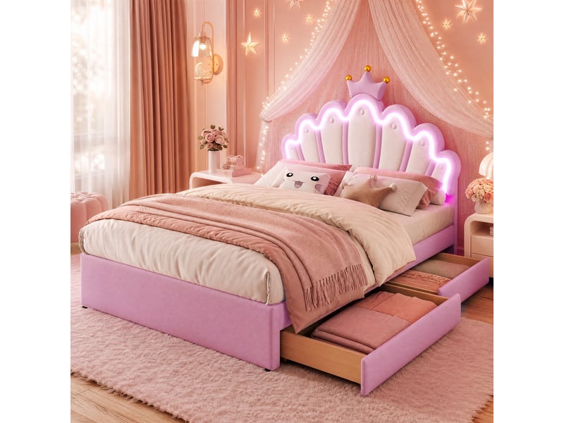  Lit enfant 140 x 200 cm rose, led 16 couleurs, 2 tiroirs, tête de lit réglable  - Conforama B