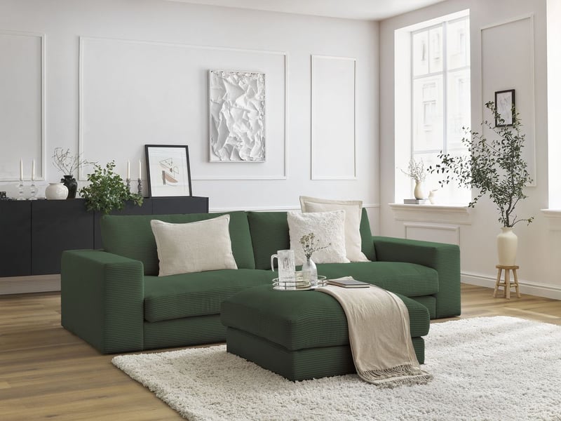  Bobochic canapé droit fixe 3 places leonard velours côtelé avec pouf vert foncé LEONARD - Conforama B